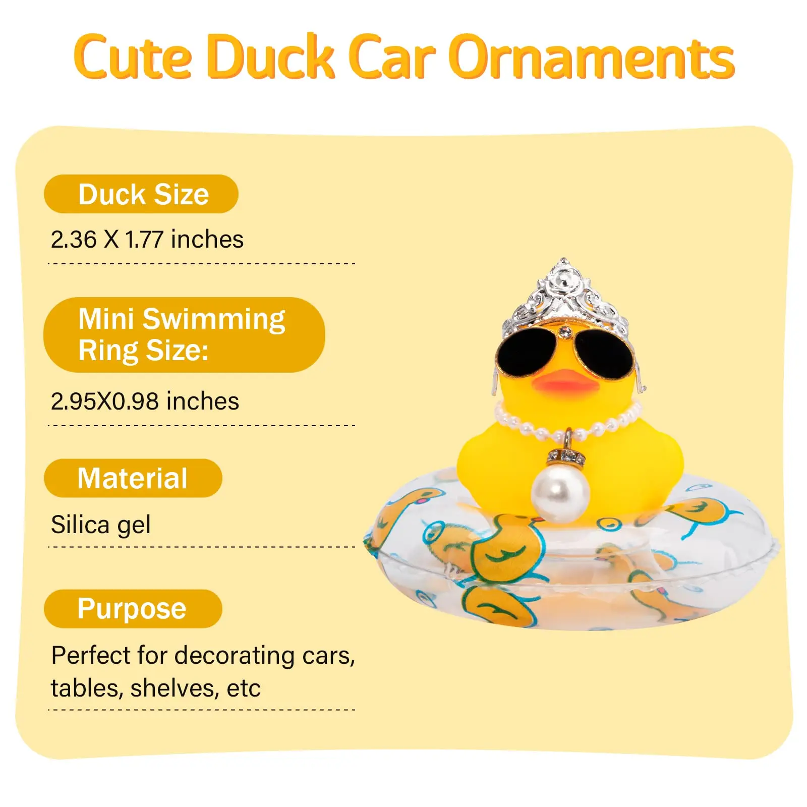 Car Duck Decoration Dashboard Ornament Rubber Duck Decoration Rubber Accessories with Pearl Necklace Crown Jeeps Duck