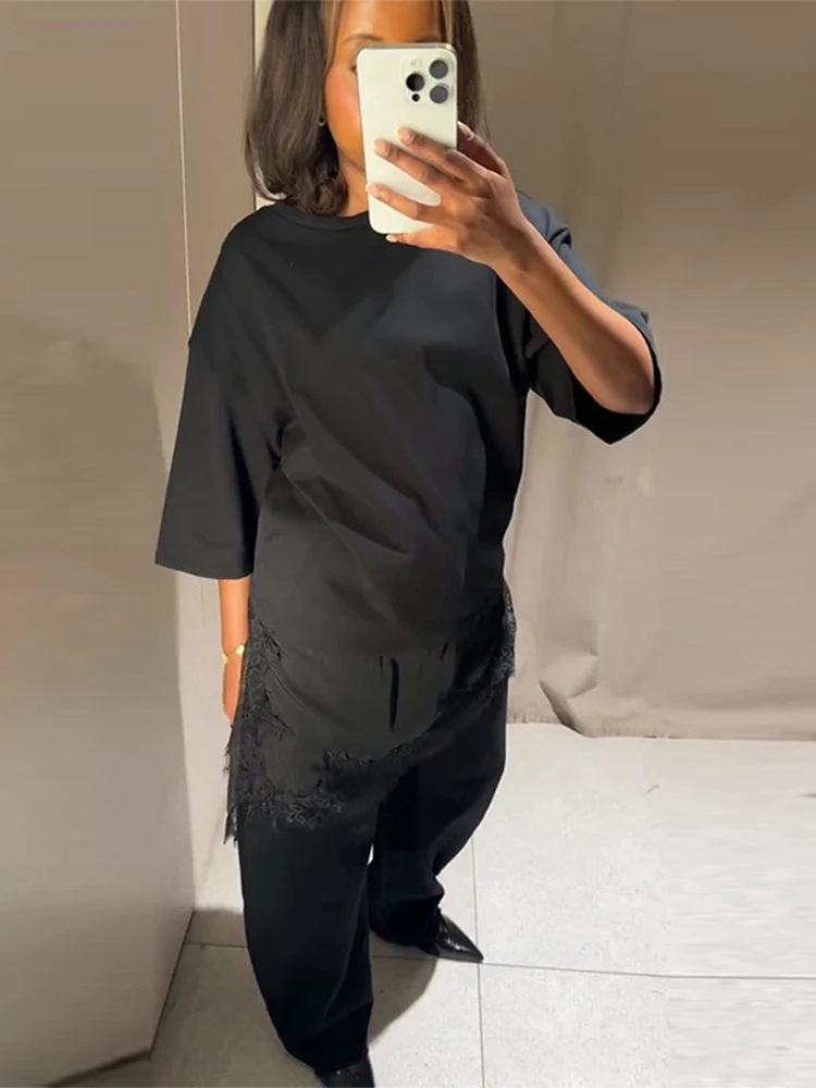 Y2K غير النظامية الدانتيل المرقعة تي شيرت طويل للنساء أنيقة س الرقبة قصيرة الأكمام قمصان عالية الشارع شيك سيدة البلوز ملابس داخلية