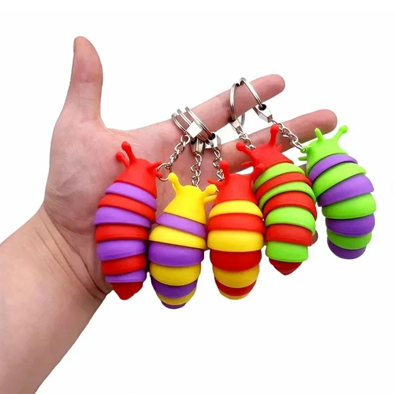 Mini Fidget Slug Keychain Toys 3D Articulated Stretch Caterpillar Sensory Stress Relief Flexible Hand Toy Keyring Bag Pendents