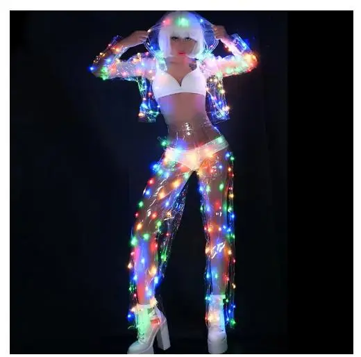 Vrouwelijke Kleur Led Verlichting Prestaties Kleding Muziek Festival Zanger Dans Team Dj Disco Dansen Kostuum Sexy Led Perspectief Pak