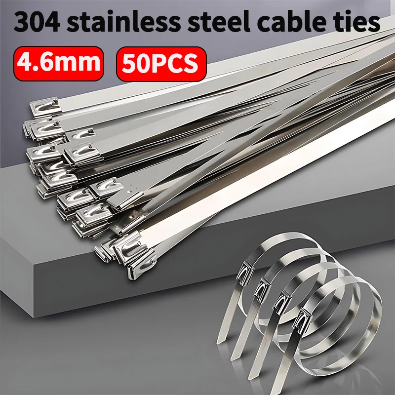 

50PCS 304 Stainless Steel Zip Ties, 4.6mm Self-Locking Metal Cable Ties, Heavy Duty Anti-Rust Straps for Outdoor, Electrical Use