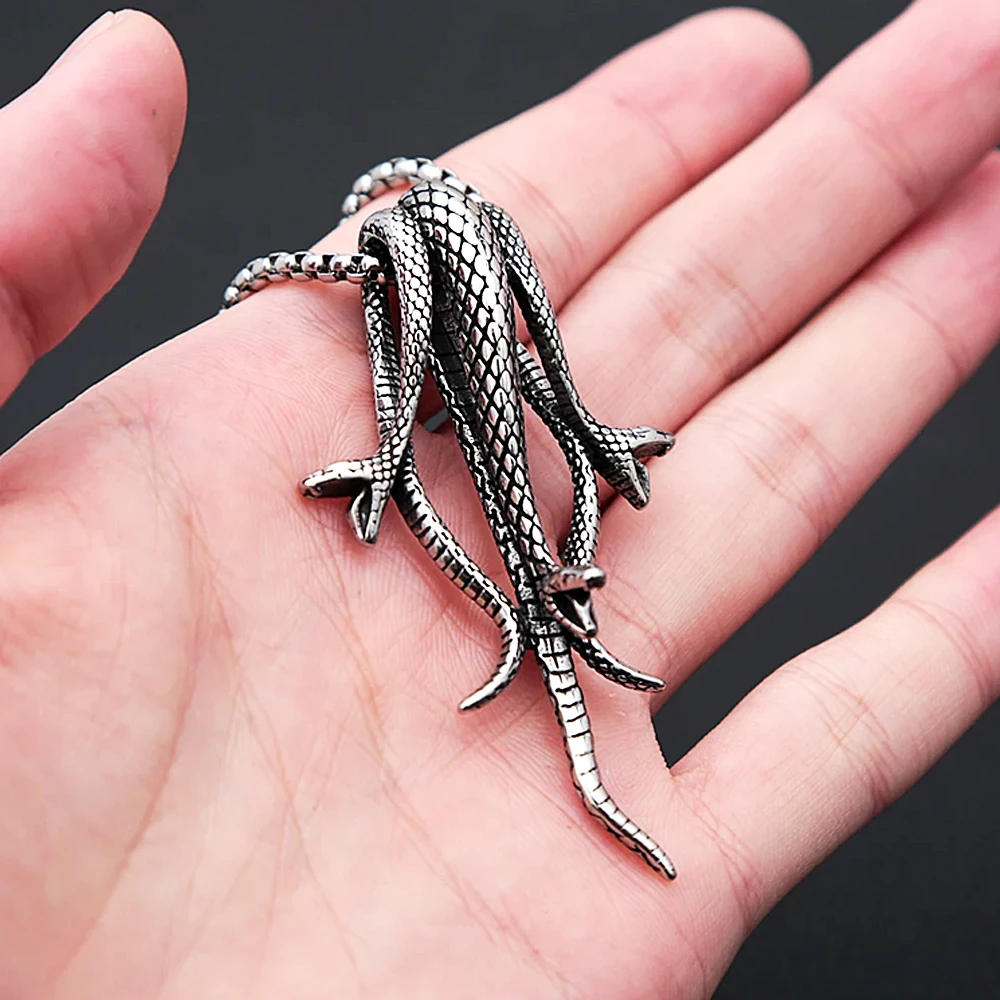 Vintage Three Headed Snake Necklace For Men Stainless Steel Punk Animal Pendant Unique Gothic Jewelry Gifts Dropshipping