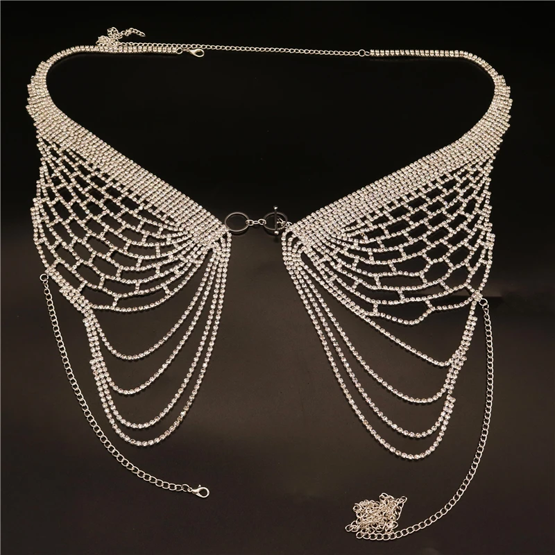 Fashion Mesh Cutout Rhinestone Sling Bra Ladies Nightclub Party Sexy Shiny Rhinestone Tassel Body Chain Chest Chain Jewelry Gift