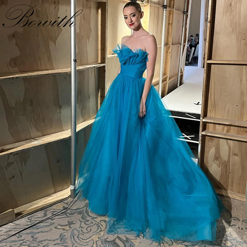 

Bowith Teel Soft Tulle Evening Dresses Women A-line Strapless Long Prom Dresses Customized Party Dresses vestidos de fiesta
