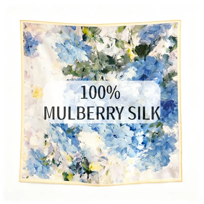panuelo-cuadrado-100-seda-de-morera-con-estampado-impresionista-de-hortensias-azules-y-detalles-amarillos-minimalistas-para-cuello-y-cabeza