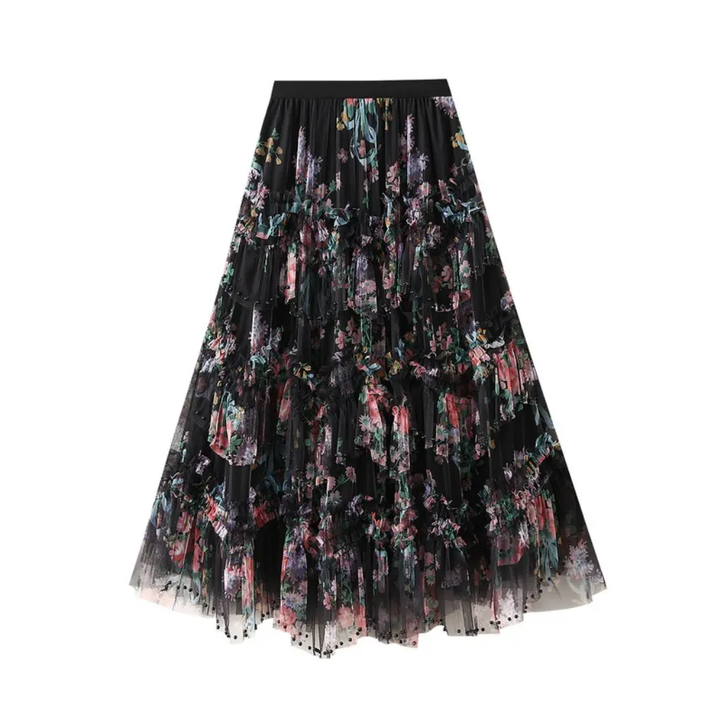 

Women's Pink Beaded Mesh Fairy Skirt Summer New Printed Veil Skirt Elegant Casual Half Skirt for Ladies