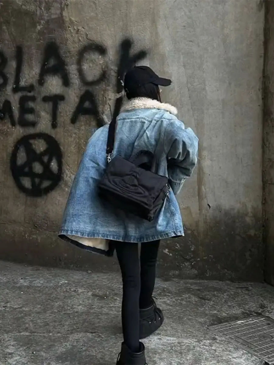 

Denim Coat For Woman With Hoodie Fur Plush Womens Winter Boxy-Fit New Chinese Minimalist Urban Travel Quick-Drying Fleece-Lined