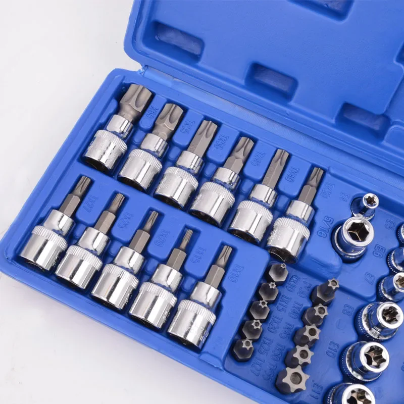 34 Pieces Torx Bit Socket And E-Torx Star Sleeve Set 3/8 Inch Drive Male Female Security Bits Mechanical Repair Tool Combination