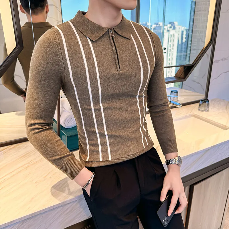 2025 Spring Sweater Men High Quality Zipper Flip Collar Striped Knitted Polo Shirt Men Fashion Long Sleeve Casual Slim Pullovers