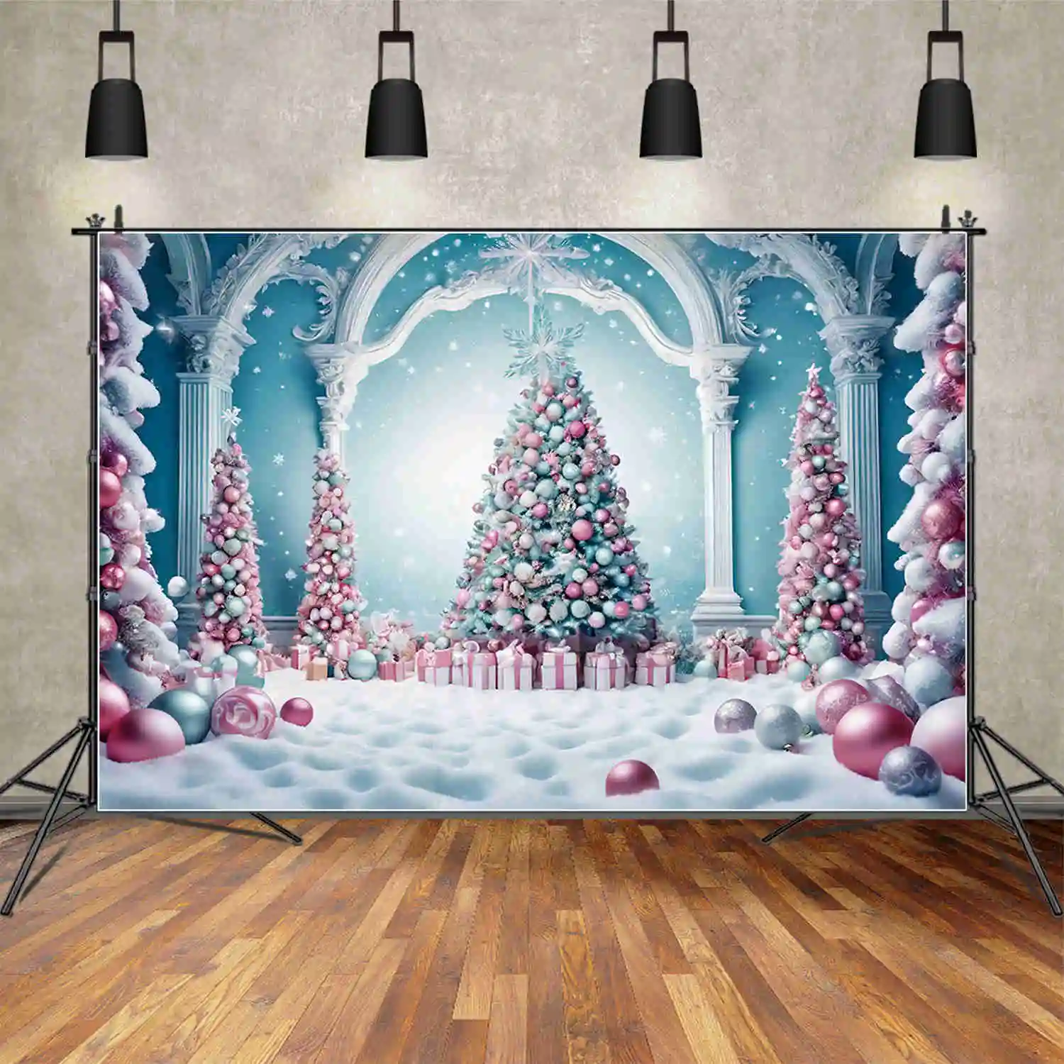 

MOON.QG Christmas Tree Fireplace Backdrops Indoor Blue Frozen Living Room Western Background Party Decoration Photography Props