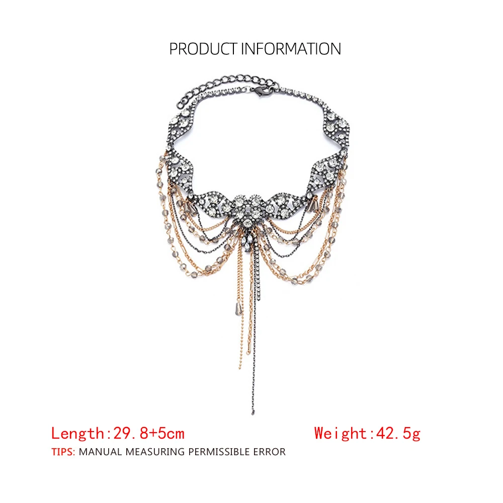Damen Strass-Quasten-Choker-Halskette, Vintage Mehrschichtige Kette, Perlenkragen, Statement-Halskette für Hochzeitsfeier-Schmuck – Detail 1