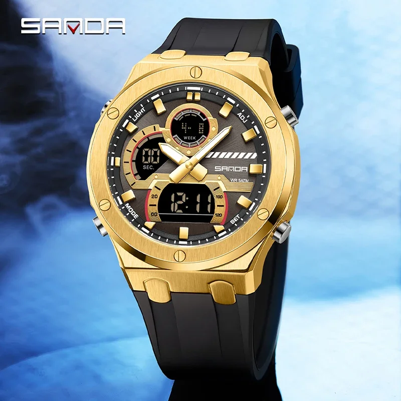 SANDA Fashion Youth Men's Watches Luxury Alloy Case Multifunctional Waterproof Watch Double Display Calendar Week Student Watch