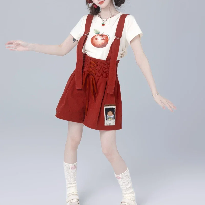 2024 New Sweet College Style Brick Red Overalls Summer Thin Loose Wide Leg Shorts For Girls