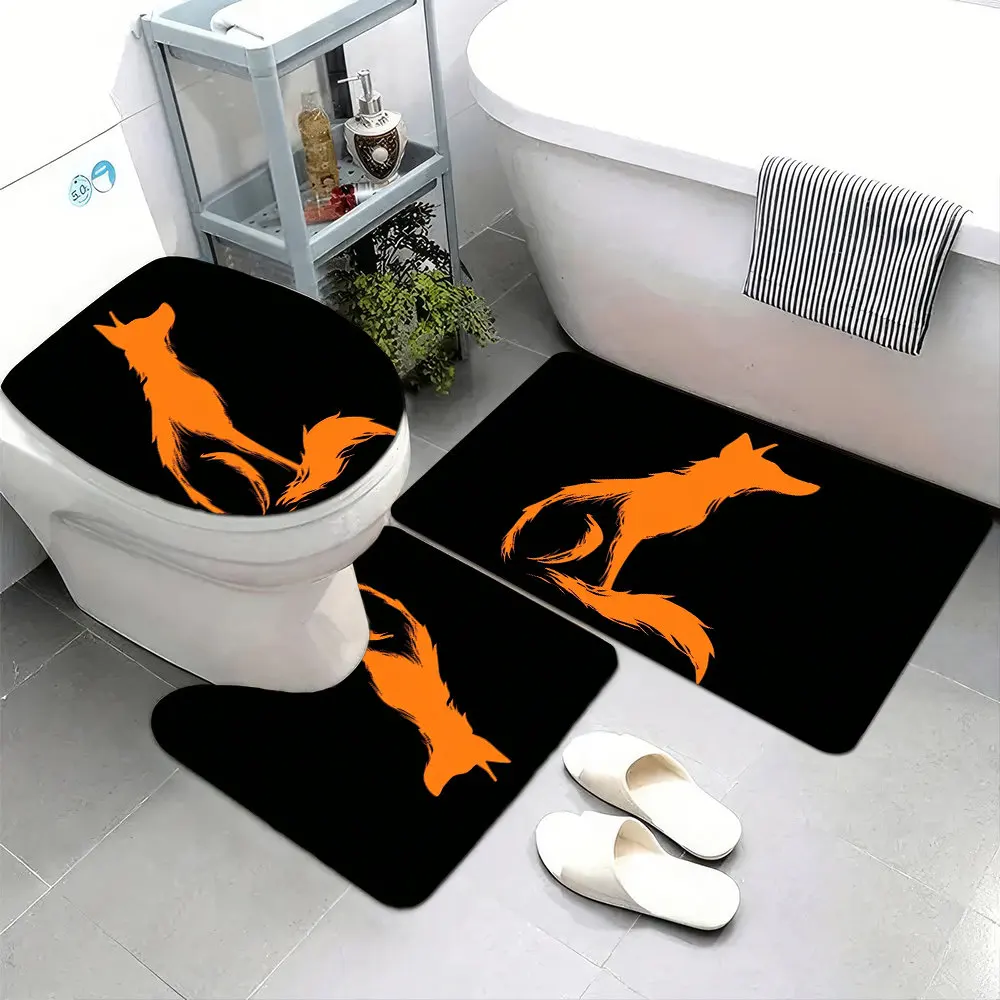 

Набор из 3 супермягких ковриков для ванной комнаты, с нескользящей основой, с простым изображением силуэта лисы оранжевого цвета на черном фоне в стиле принта.