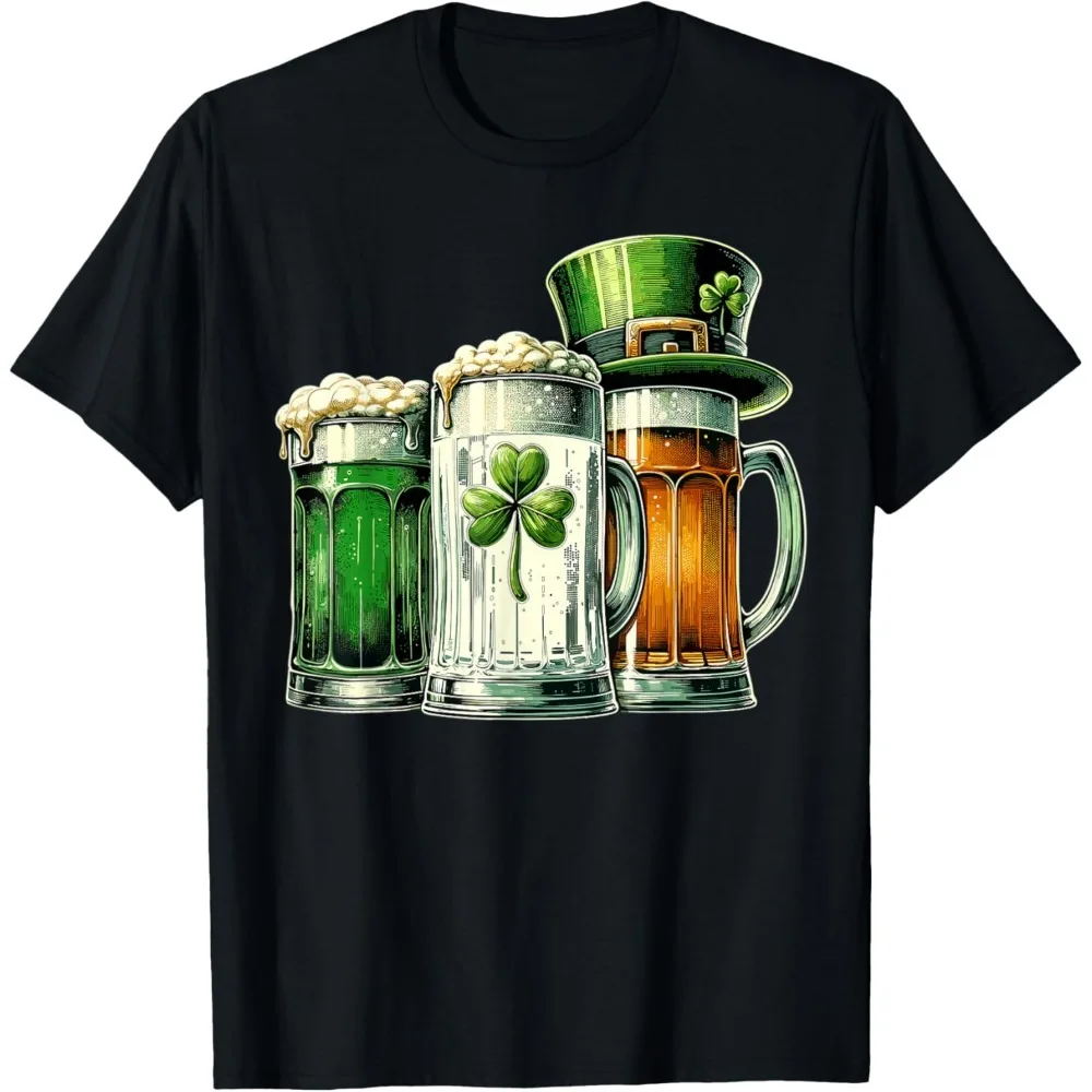 St. Patrick's Day Beer Mugs Leprechaun Hat Shamrock Graphic T-Shirt Irish Festival Casual Cotton Tops Men Women Holiday Outfit