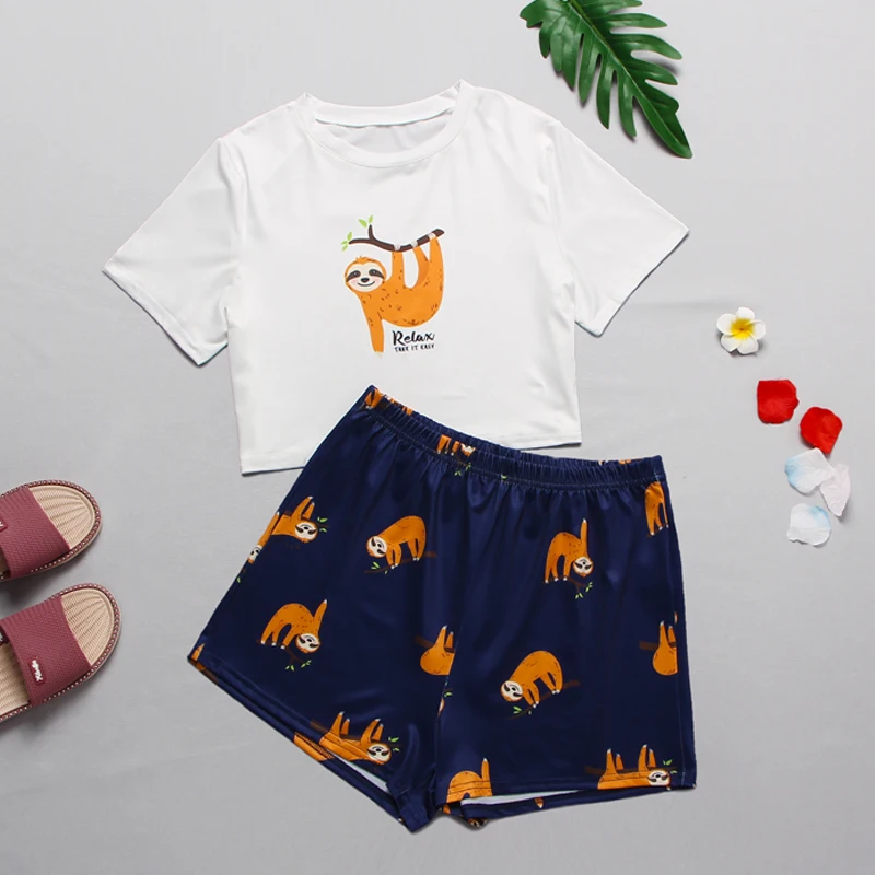 

Женский пижамный комплект с ленивным принтом, футболка с короткими рукавами и шорты, удобная свободная посадка, милая одежда для сна, ночная рубашка для отдыха и сна