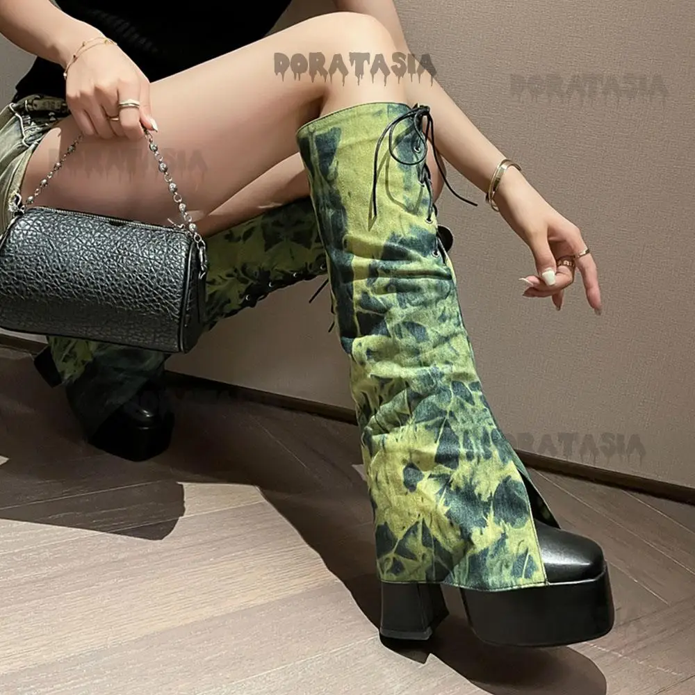 Comfy Fashion High Heeled Women Boots Vintage Denim Platform Chunky Modern Boots Plus Size 40-46 Goth Lace Up Winter Shoes