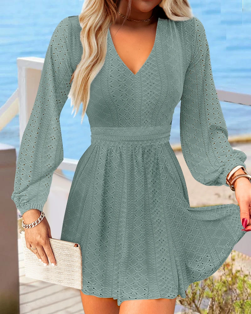 Casual Dresses for Women Solid Color V Neck Lantern Sleeve Layered Hem High Waist A-Line Shirt Mini Dress Fashion Vestidos