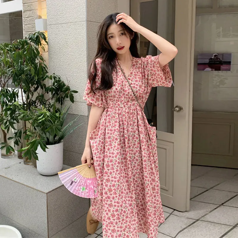 

2024 New Spring Summer Korean Floral Silm Dresses Fashion Casual Elegant Female High Wasit Long A Line Vestidos Clothing A18