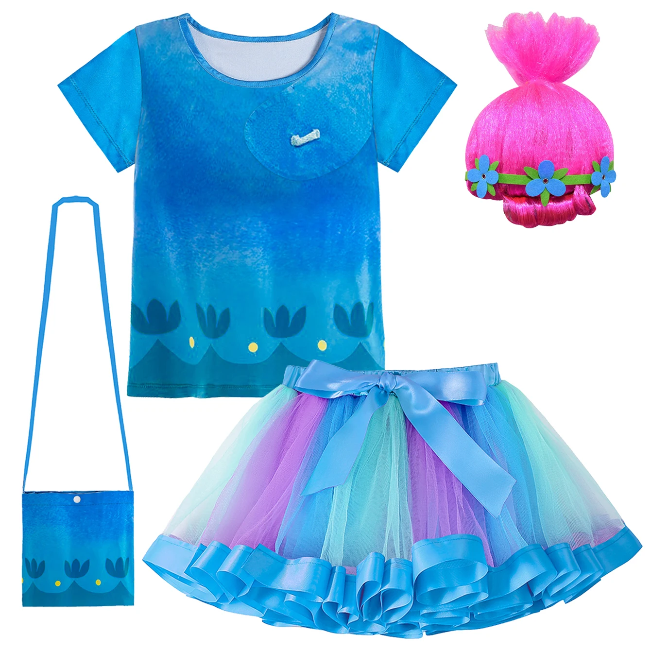 Poppy Cosplay Dress Costume Set Blue Print Top+Rainbow Tutu Skirt+Bag For Girls Carnival Halloween Birthday Party 4-8Y Outfits