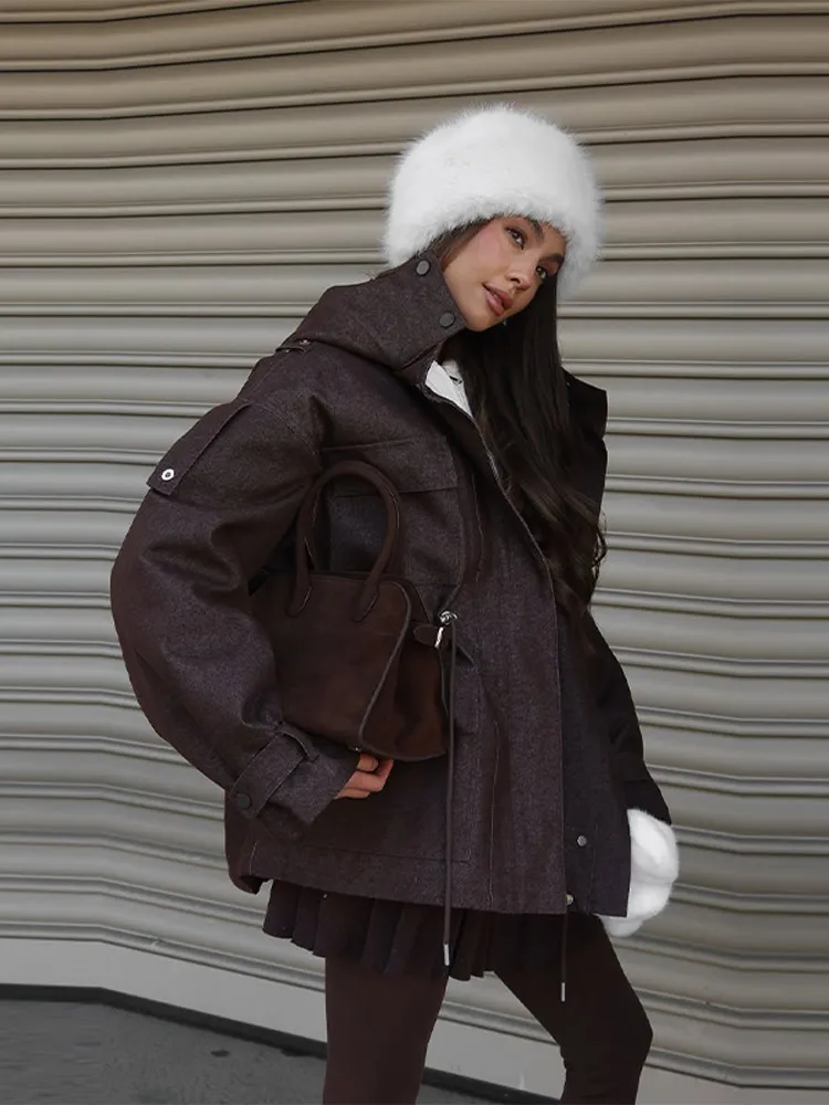 Kapuzenjacke mit Mehreren Taschen und Kordelzug für Damen, Streetwear-Stil mit Stehkragen, Epauletten, Langen Ärmeln, Locker Geschnittene Mäntel, Schicke Damen-Oberbekleidung – Detail 12