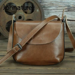 Johnature Retro torebka damska z prawdziwej skóry torebki damskie 2024 nowa prosta pierwsza warstwa skóry wołowej kobiece torby na ramię i Crossbody