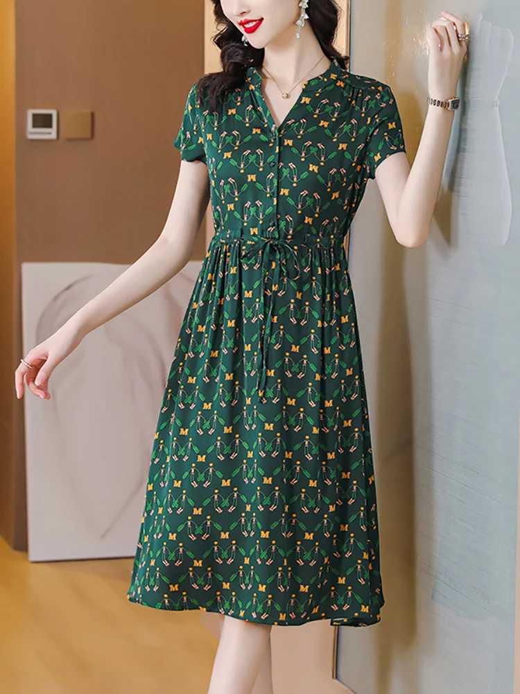 Summer Green Print Silk Short Sleeve V-Neck Midi Dress Women Fashion Elegant Bodycon Prom Dress 2024 Korean Vintage Luxury Dress