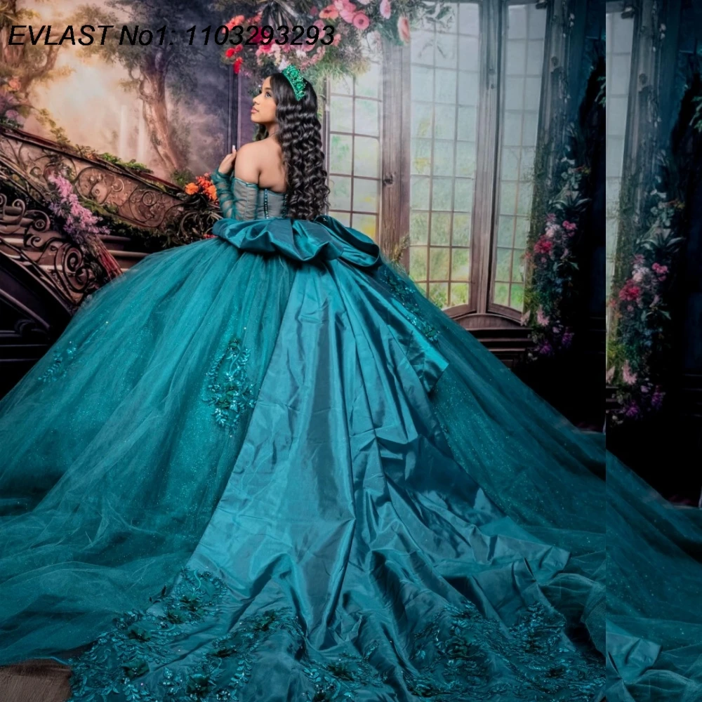 

EVLAST Customized Mexican Blue Ball Gown Quinceanera Dress Lace Applique Beading Corset Bow Sweet 16 Vestidos De 15 Anos E1QN237