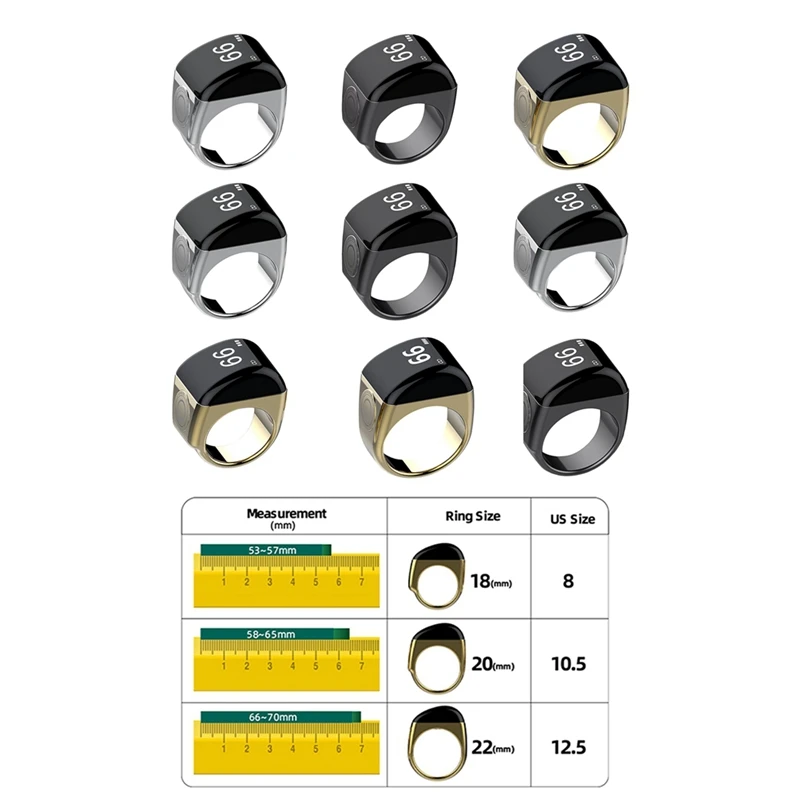 Anello intelligente in lega di zinco con scatola di ricarica Contatore digitale impermeabile Display controllato da APP 5 promemoria tempo di preghiera Argento, 20 mm