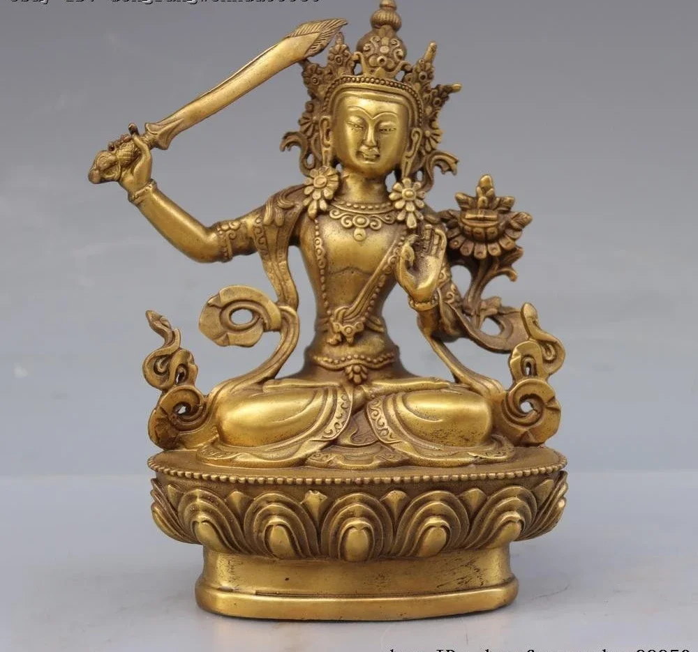 15cm 20cm China Buddhism Copper Brass Manjusri Bodhisattva Kwan-Yin GuanYin Buddha Statue 6 inch 8 inch