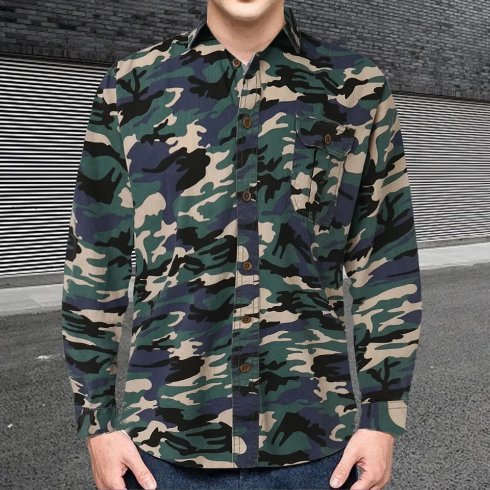 Mens Outdoor Leisure Printed Tooling Long Sleeved Shirt Fashion Regular Cuff Men'S Shirt With Pocket