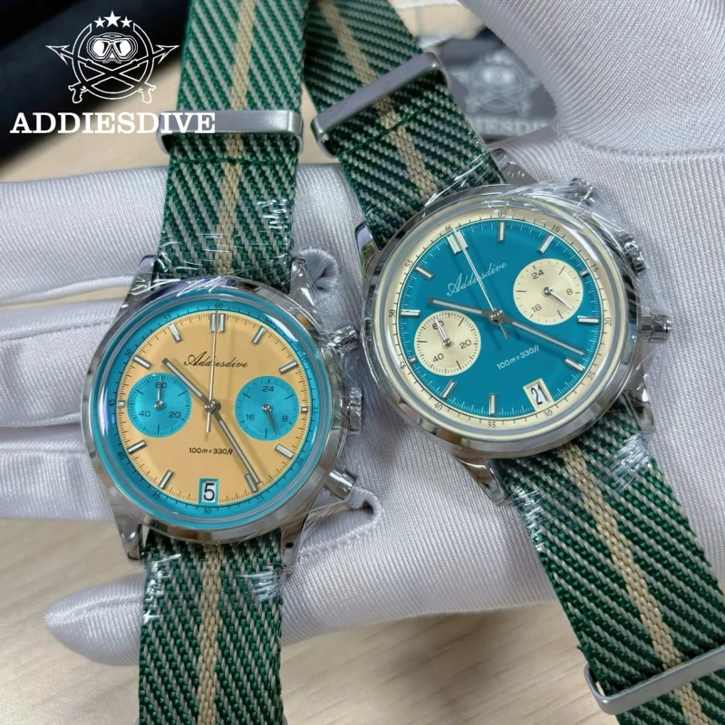 ADDIESDIVE Deluxe Men Chronograph Watch Bubble Mirror Glass 316L Stainless Steel BGW9 Luminous 100m Diving VK64 Quartz Watch