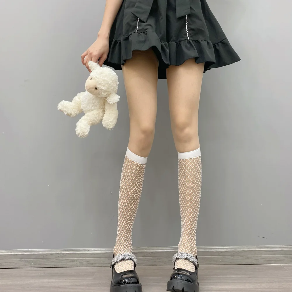 2 Pairs Fashion Cute Women Fishnet Calf Socks Black White JK Lolita Uniform Sexy Harajuku Ins Student Lady Long Stockings