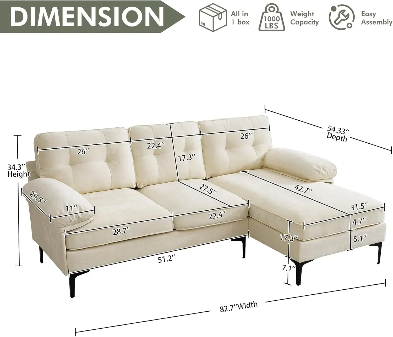 

82.7" Convertible Sectional Sofa, Modern L Shaped Sofa w/Reversible Chaise,Chenille Upholstered Couch w/Removable Cushion Cover