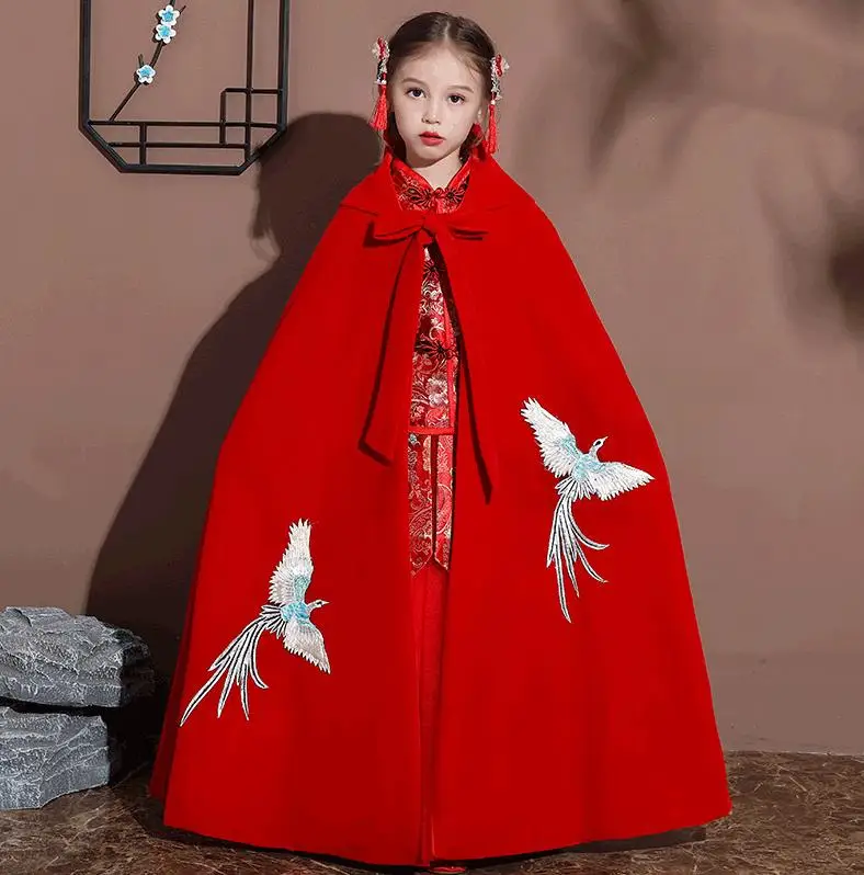 

Плащ феи ханьфу для девочек, теплый костюм Тан, детское зимнее бархатное праздничное платье с вышивкой и плащом, китайская новогодняя одежда