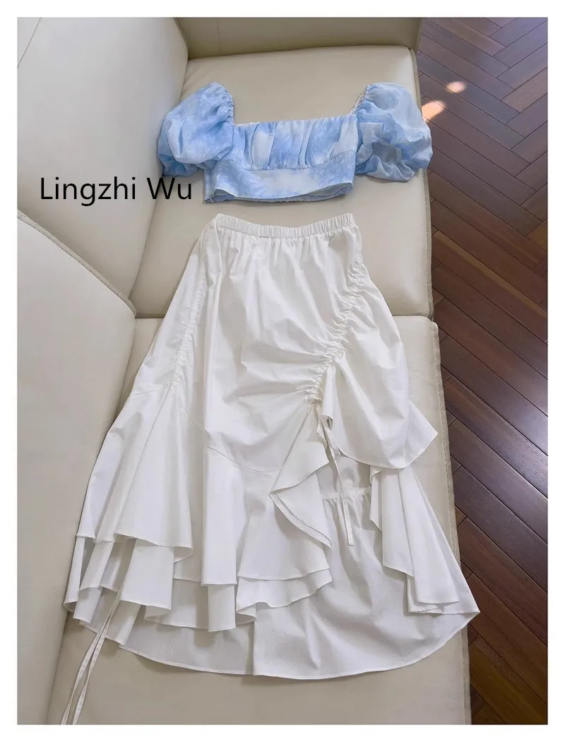 

Lingzhi Wu French Vintage Skirt Set Square Collar Puff Sleeve Short Top Irregular White Skirt Suit Holiday Twinset New Arrival
