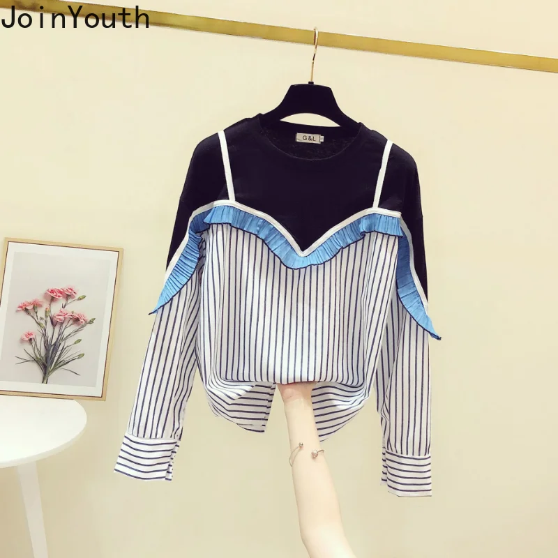 Korean Women Shirts 2023 Blusas Mujer De Moda Patchwork Striped Casual Blouses Fashion Fake Two Loose Ruffles Blouse Tops Femme