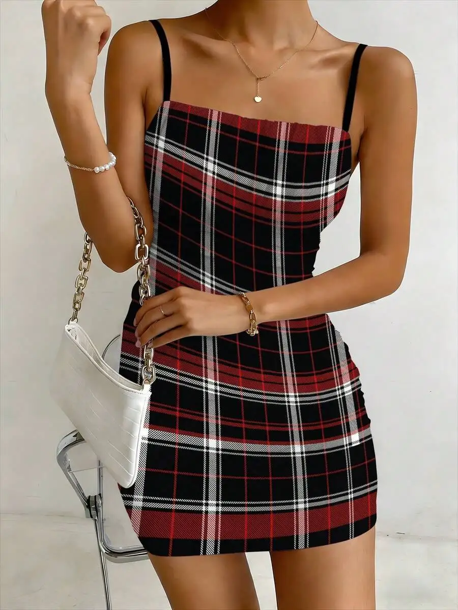 

Plaid Strap Mini Dress For Women Casual Knitted Sleeveless Summer Autumn Outfit