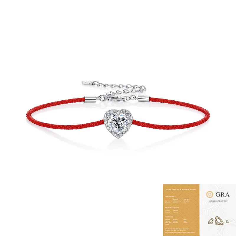 

Heart-Shaped D Color Moissanite Paved 925 Silver Chain Red Love Bracelet with GRA Certification