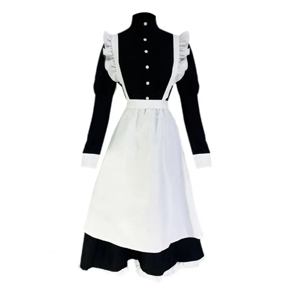 메이드 코스프레 원피스 세트, 앞치마 머리띠 활 양말 포함, 남녀 공용 송아지 길이 프릴 원피스 파티, 하인 역할 놀이 코스튬