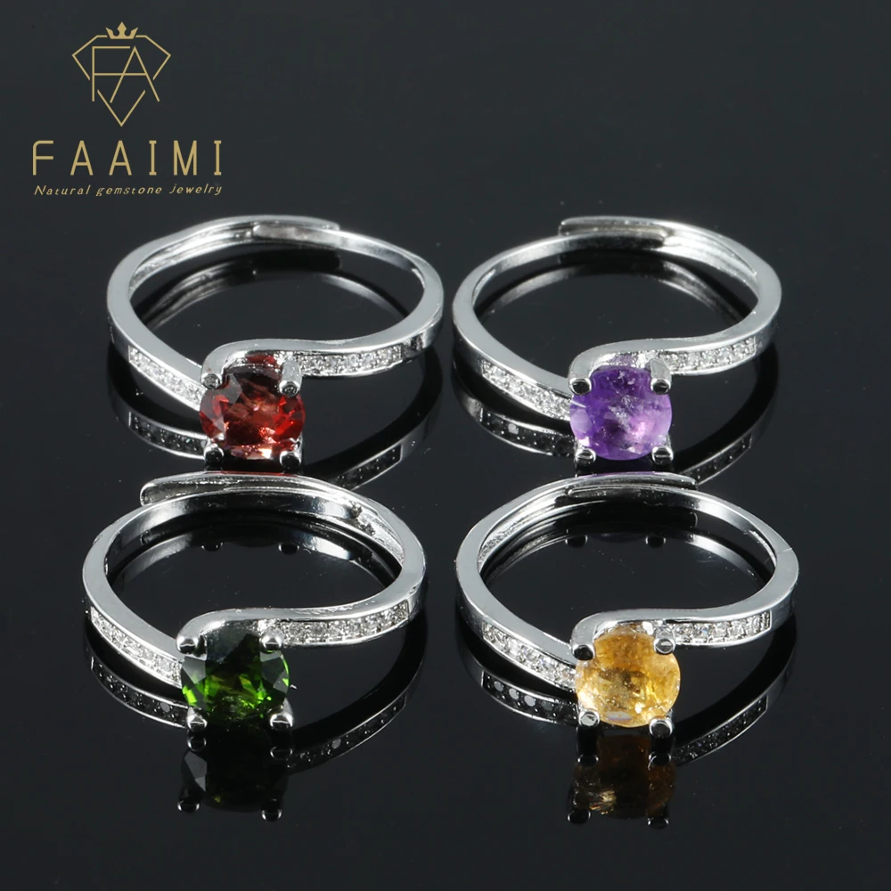 

100% natural gemstone amethyst citrine garnet diopside Women's adjustable copper silver plated ring Party jewelry gifts