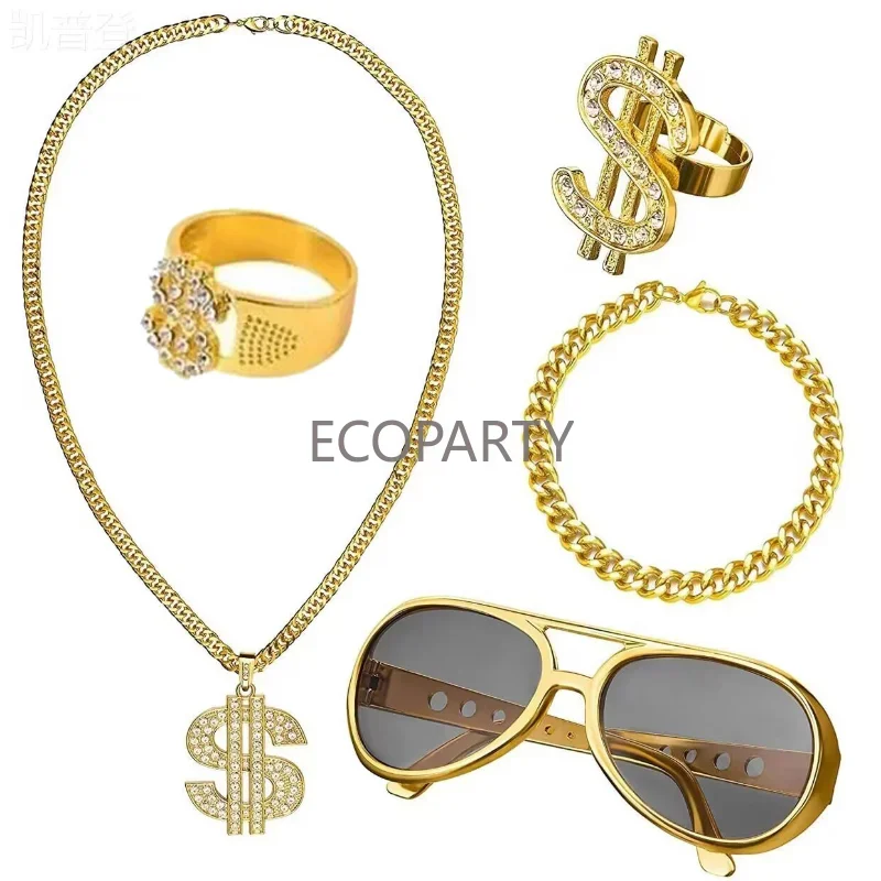 2023 New 80s Hip-hop Flashy Party Halloween Costume Dollar Neckle Ring Bracelet Fisherman Hat Radio Trendsetter Props