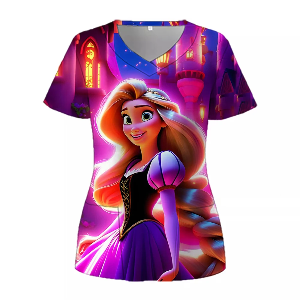 Disney Princess Print nurse uniform dental clinic V-neck surgical gown Snow White pet hospital work clothes women's short-sleeve