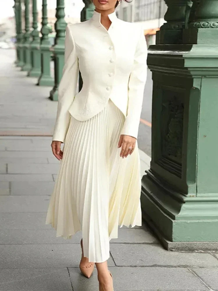 

Women Pleated Skirt Two Piece Set Sexy Stand Collar Long Sleeve Tops + High Waist Folds Long Skrits Suits Elegant Evening Party