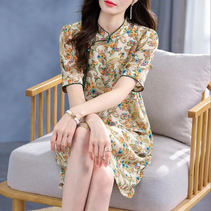 Birdtree 100%Mulberry Silk Fragmented Dresses New Women's Chinese Cheongsam Short Sleeve Summer Elegant Printed Dress D39125QC