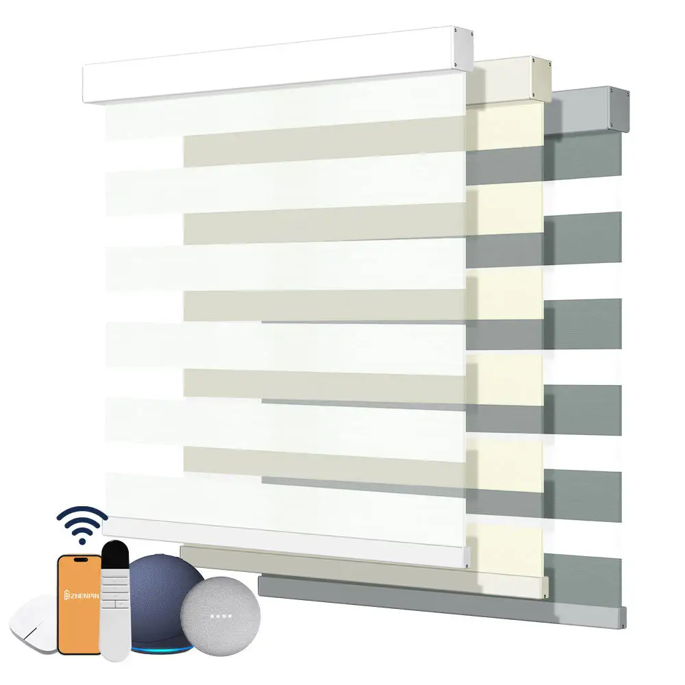 Best Quality Motorized Smart Control Cordless Full Blackout  Light Filtering Zebra Blinds for Windows