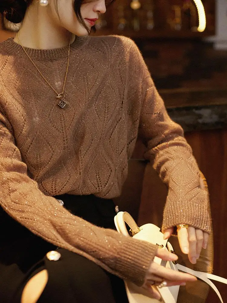 HLYO المرأة فضفاضة تناسب طويلة Sve محبوك سترة iny الترتر لي الجوف خارج تصميم مريح تنفس رداء علوي غير رسمي