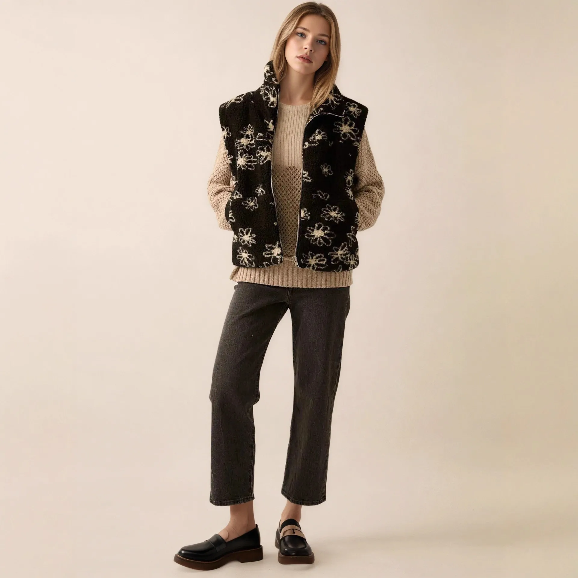 المرأة شيربا سترة صوف زهرة نمط زمم سميكة الدافئة جيليه الوقوف طوق الصوف صدرية ملابس خارجية الشتاء سترة القمم