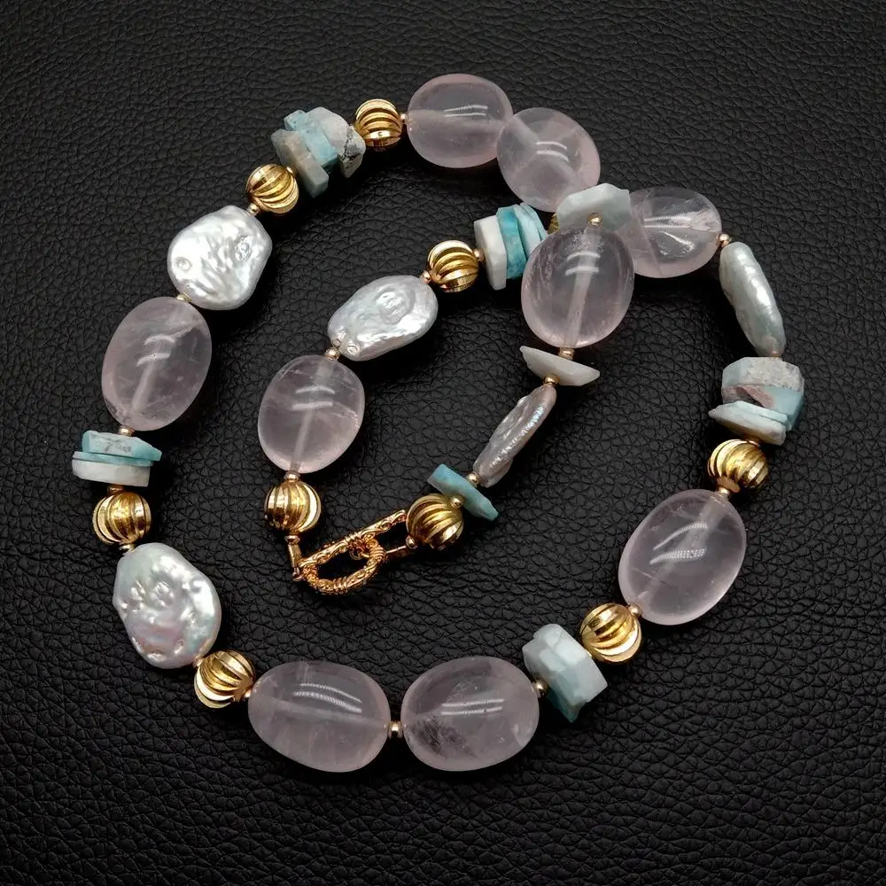 

Y·YING Cultured White Pearl Natural Blue Larimar Rose Quartz Choker Necklaces