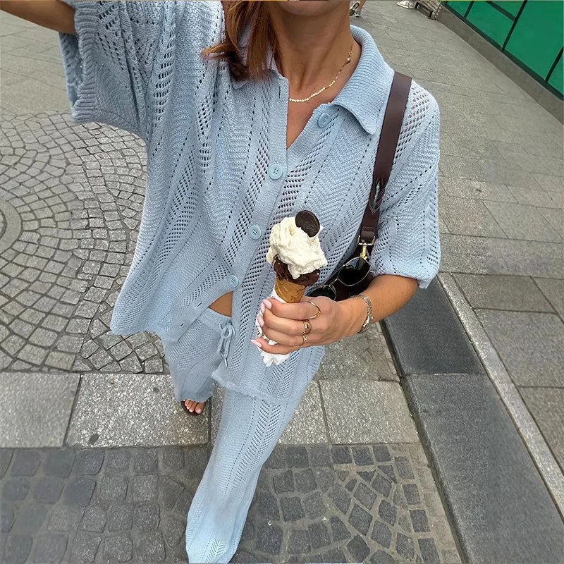 

Женский вязаный костюм Tornova: повседневная рубашка с коротким рукавом и свободные брюки, летний модный комплект 2026, однотонный